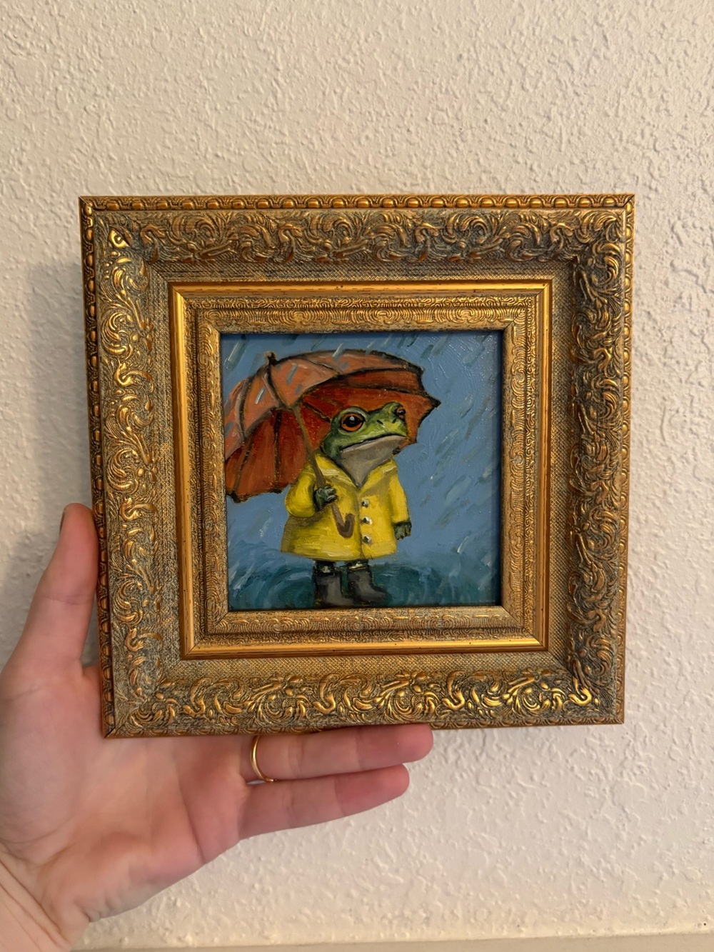 "Frog in the Rain” Original oil painting on wood board mini framed 4x4"
